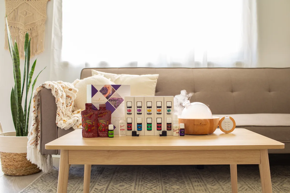 Young Living essential oils starter bundle styled in a home setting