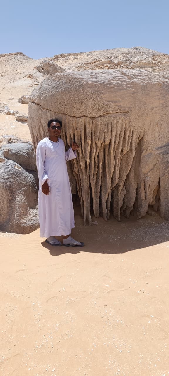 A guide standing beside a sculpted White Desert rock formation