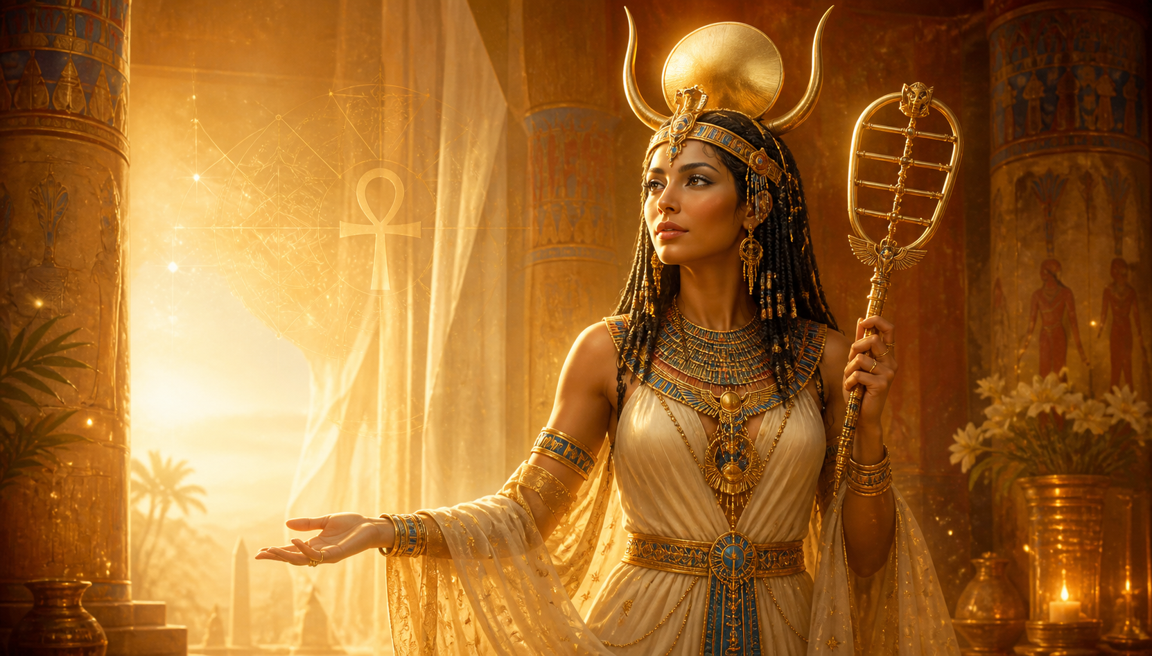 A luminous artistic depiction of Hathor holding a traditional sistrum in a golden Egyptian temple