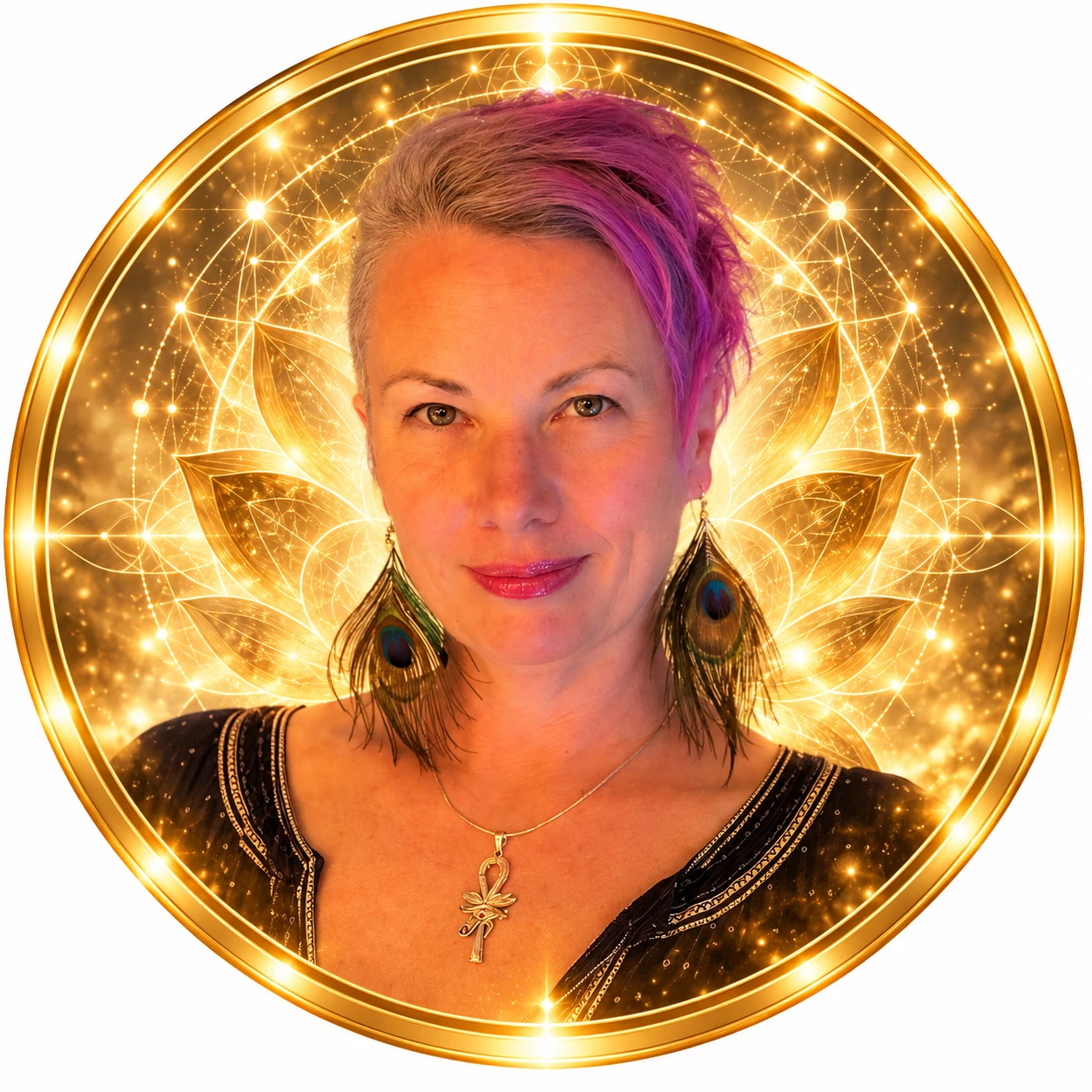 Mel Craven with purple hair and peacock earrings, framed by a golden lotus and sacred geometry