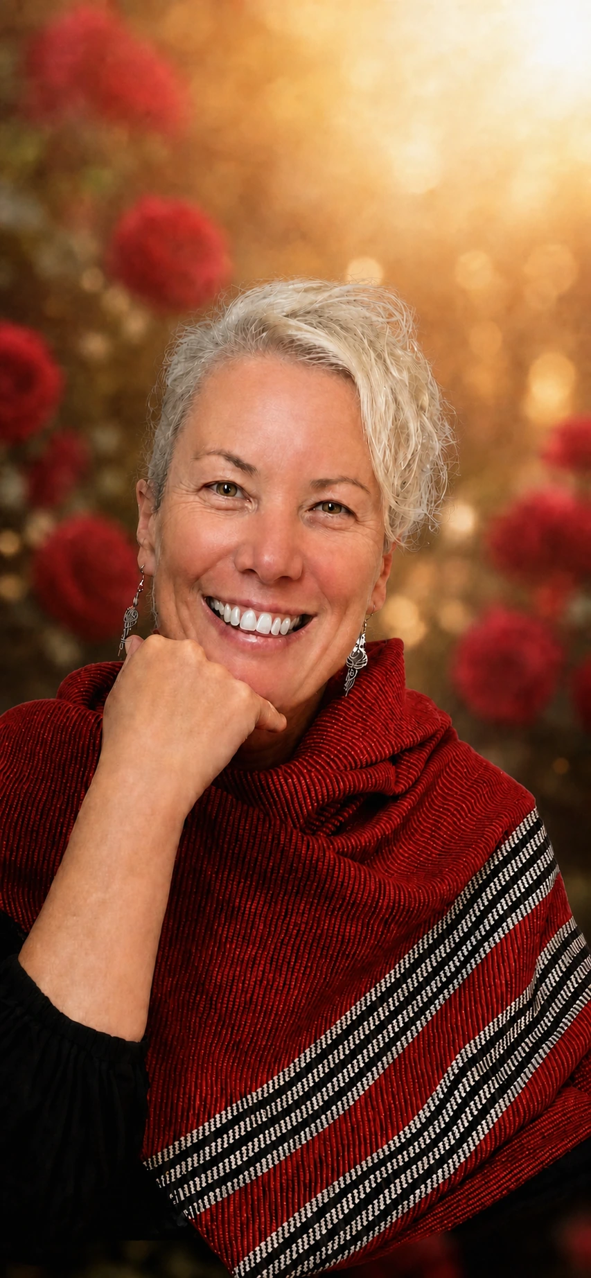 Mel Craven smiling among deep red roses