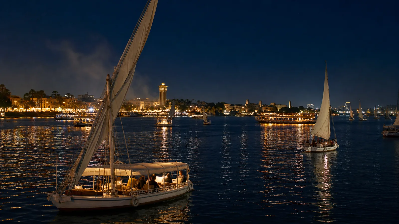 Night on the Nile in Luxor with boats and golden reflections