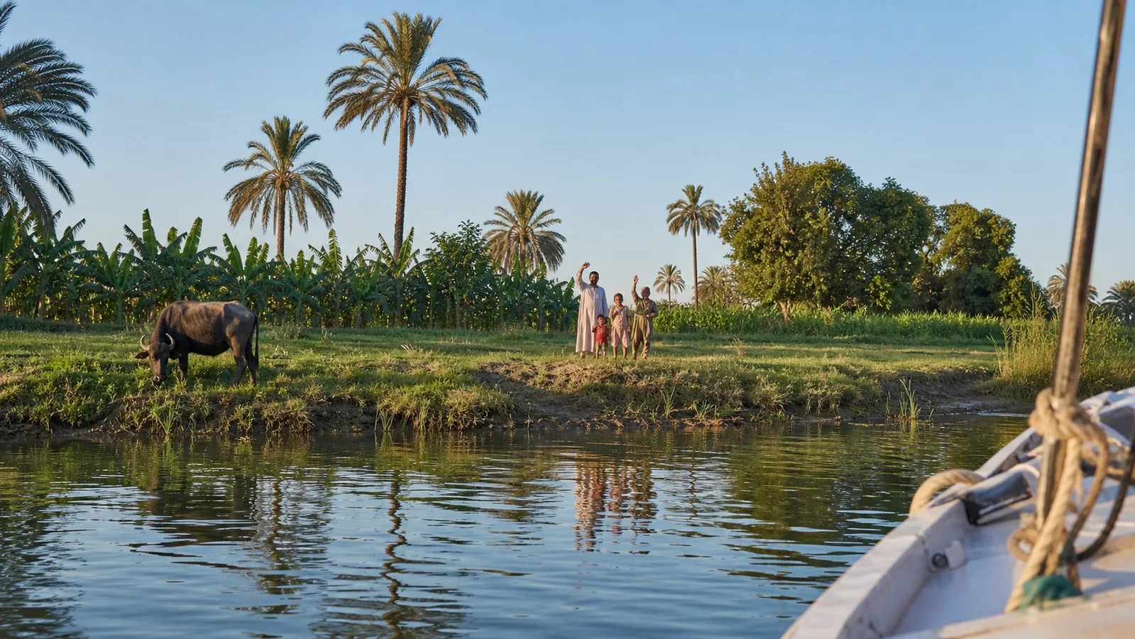 Green crops, palms, river life and a water buffalo along the Nile