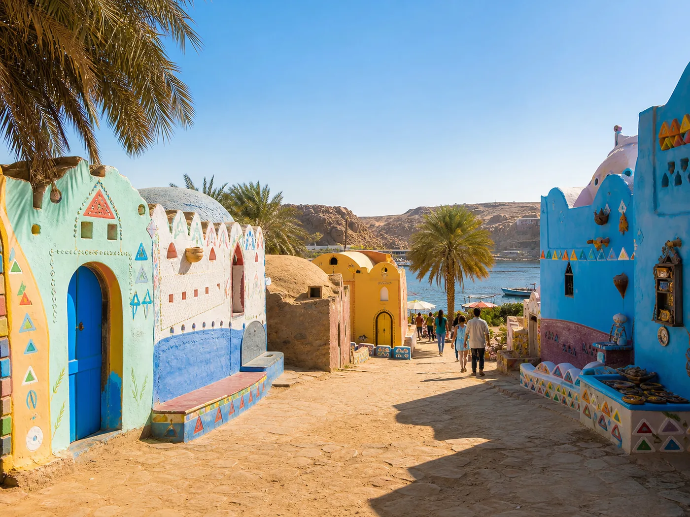 A colourful Nubian village near Aswan with painted houses and palms