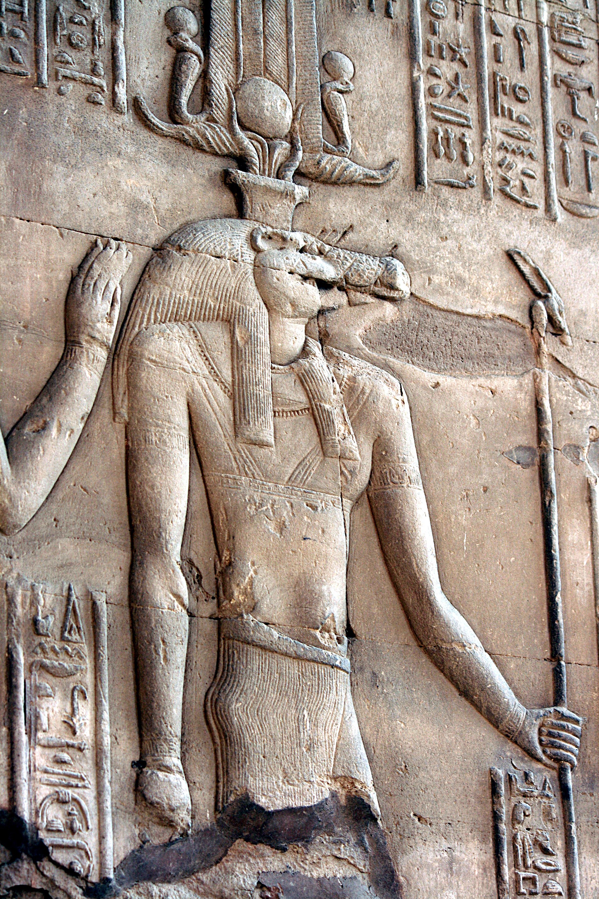 A carved relief of Sobek, the crocodile god, at Kom Ombo Temple